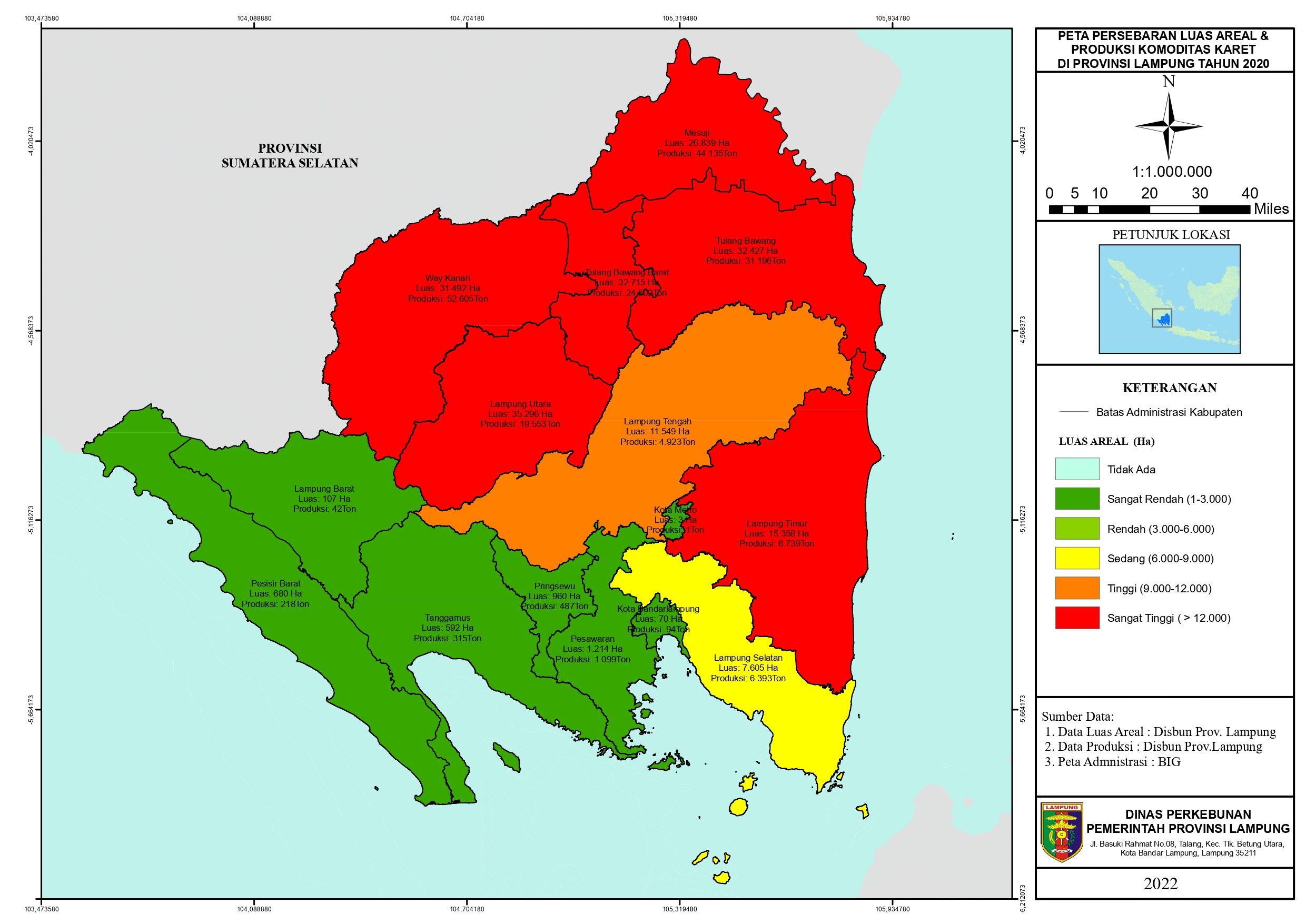 PENYAJIAN DATA STATISTIK PERSEBARAN LUAS AREAL DAN PRODUKSI KOMODITAS KARET DINAS PERKEBUNAN DI PROVINSI LAMPUNG TAHUN 2020 MELALUI PETA GIS (GEOGRAPHIC INFORMATION SYSTEM)